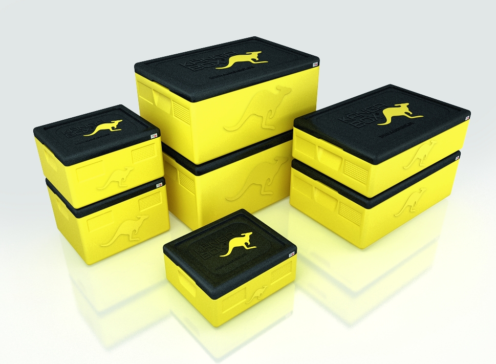 Gelbe Kängabox-Thermoboxen in verschiedenen Größen mit schwarzen Deckeln.