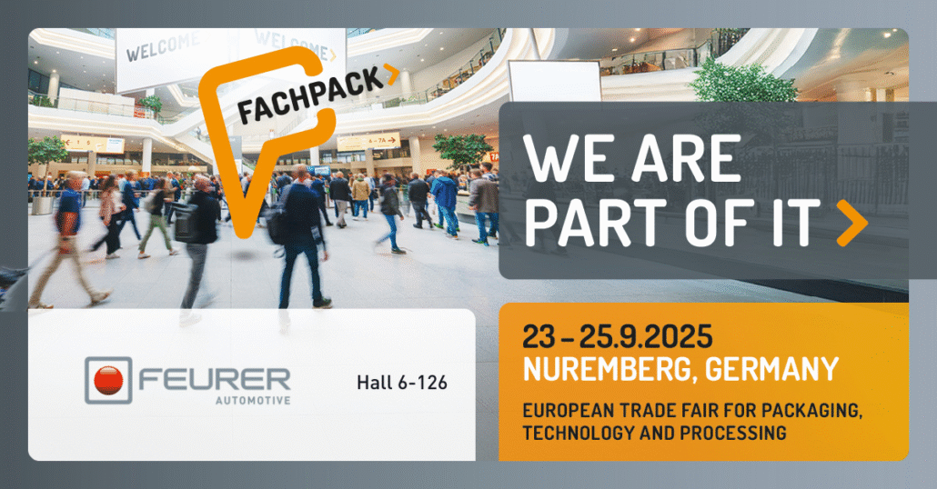 FEURER Automotive at FACHPACK 2025 – announcement graphic with trade fair hall, FACHPACK logo, event date 23–25 September 2025 in Nuremberg.