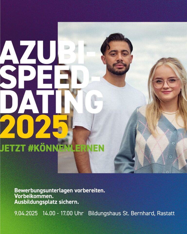 Zwei junge Erwachsene vor farbigem Hintergrund – Einladung zum Azubi-Speed-Dating 2025 in Rastatt mit FEURER