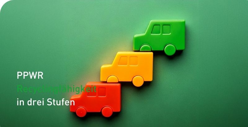 PPWR Daily Fact 4 FEURER News Drei stilisierte Fahrzeuge in Ampelfarben (Rot, Gelb, Grün) stehen stufenweise aufsteigend vor grünem Hintergrund. Links steht der Text: „PPWR – Recyclingfähigkeit in drei Stufen“